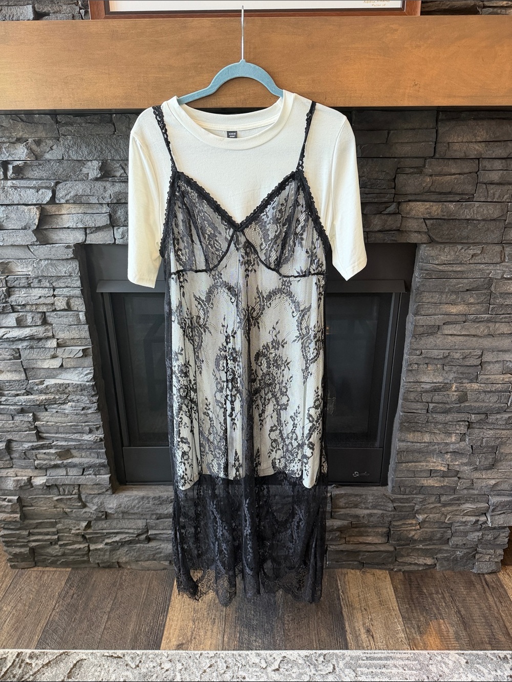 Black Lace Slip Dress Layered Over Cream Tee — Women Intimates & Sleepwear
